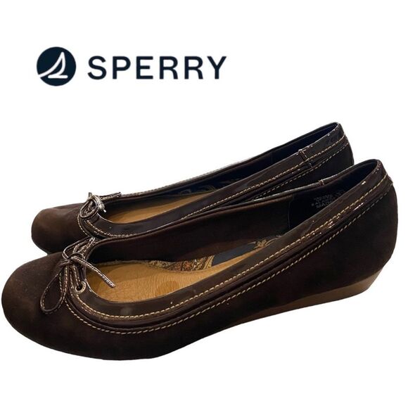 SPERRY Women's Brown Suede Slip-On Wedge Bow Shoes 10 - Picture 1 of 6